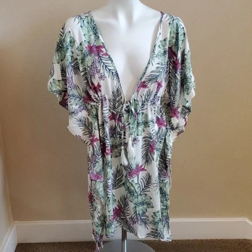 Womens Wave Zone Tropical Print Gauzy V Neck Swim Cover Up Dress Size Sm/Med NWT